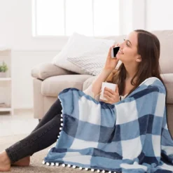 PiccoCasa Flannel Pom-Pom Tartan Checkered Fleece Throw Blanket 1Pc