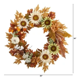 Nearly Natural 30” Autumn Sunflower, White Pumpkin And Berries Artificial Fall Wreath