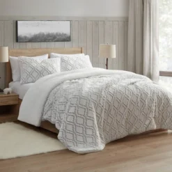 Pawz By Bearpaw 3pc King Elise Trellis Faux Fur Shearling Comforter Set Gray