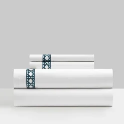Chic Home Aria 4 Piece Cotton Blend Sheet Set 1500 Thread Count Solid White With Dual Stripe Embroidery Lattice Stitching Details Navy -Bedding Promotion GUEST 321a2960 ca60 40ab 9b94 25f9176f3fb2