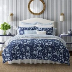 Laura Ashley 7pc King Branch Toile 100% Cotton Comforter Sham Bonus Set Blue