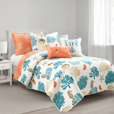 Coastal Reef Feather Reversible Quilt Set Blue/Coral - Lush Décor 9 Coastal Reef Feather Reversible Quilt Set Blue/Coral - Lush Décor - Image 7
