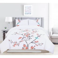 Modern Embroidered Cherry Blossom Floral Cotton Duvet Cover And Pillow Sham Set - Blue Nile Mills