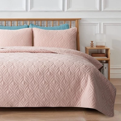 Peace Nest Pink Leaf Pattern Quilted Microfiber Coverlet Set 7 Peace Nest Pink Leaf Pattern Quilted Microfiber Coverlet Set - Image 5